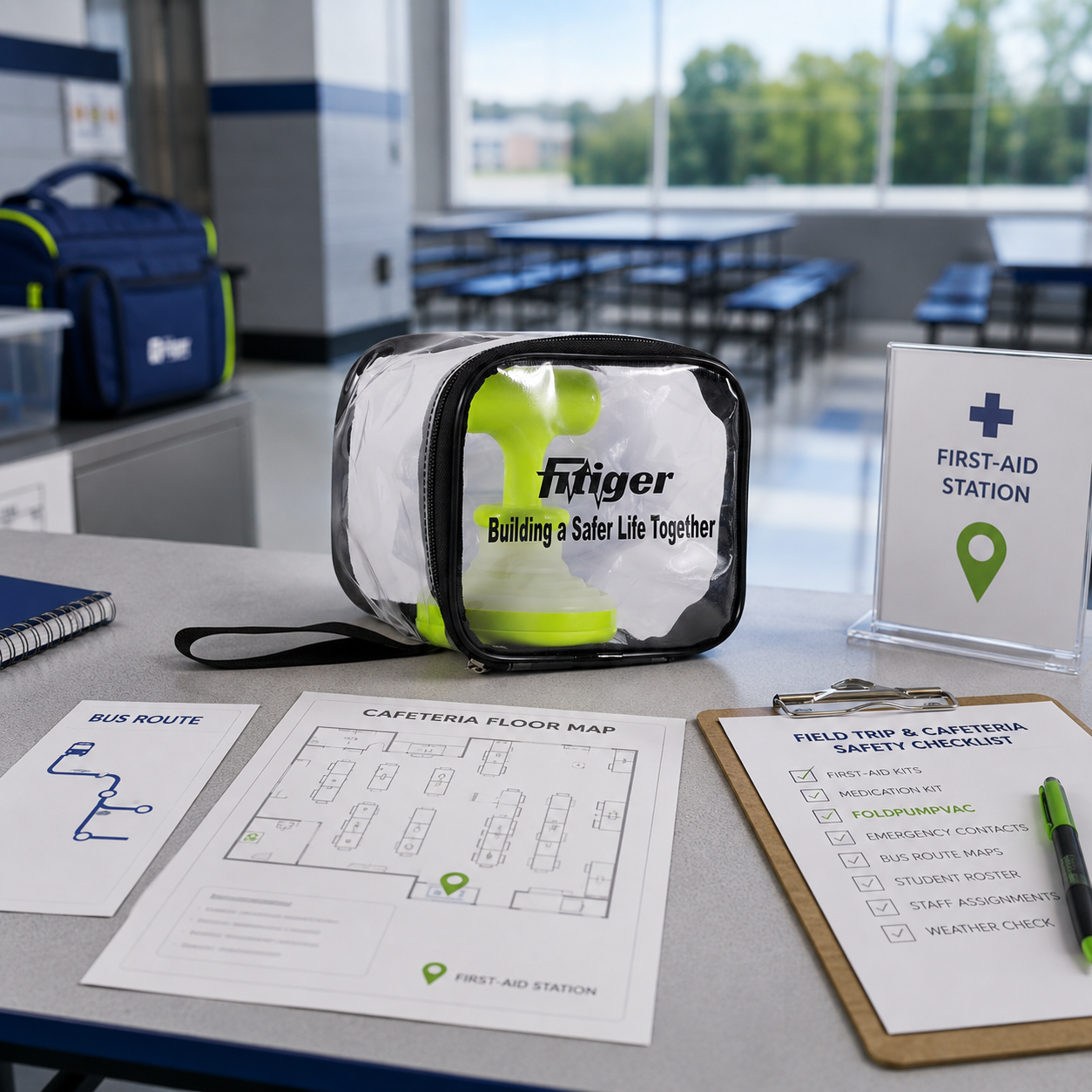 cinematic 3D FoldPumpVac school field trip and cafeteria distributed staging map showing portable backup where choking risk moves