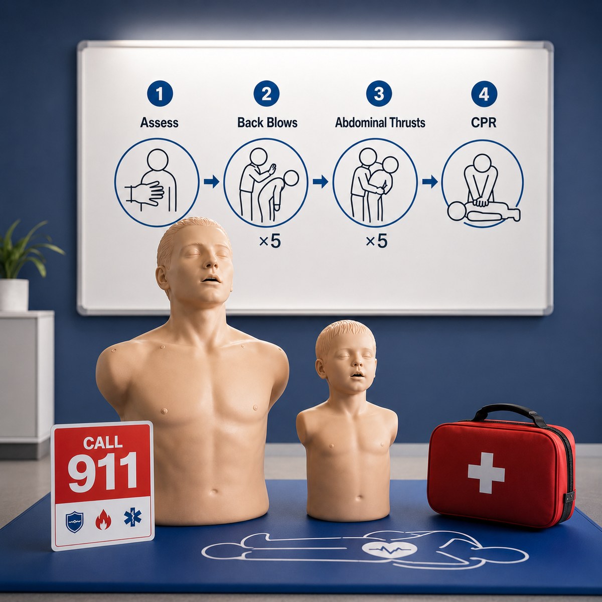 cinematic 3D choking first aid cover showing calm training room with adult and child manikins 911 card back blows abdominal thrusts and EMS readiness board