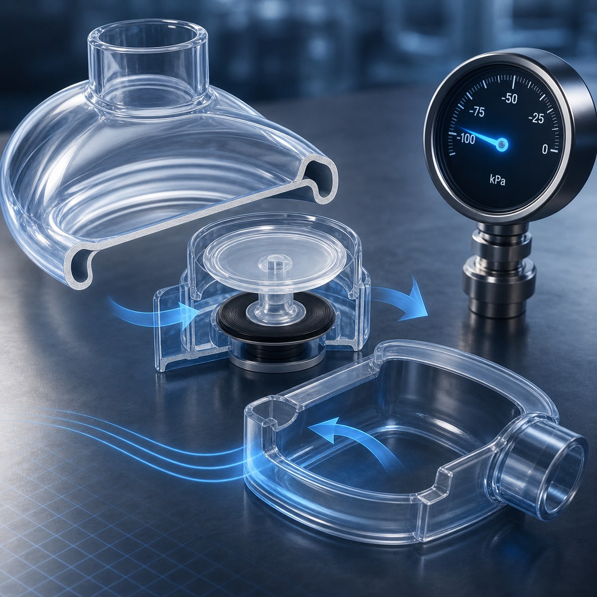 cinematic 3D pressure circuit model showing mask seal chamber airflow arrows and negative pressure zone in an unbranded airway device