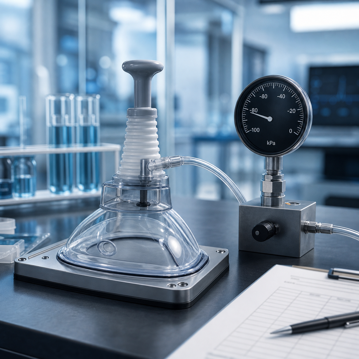 cinematic 3D negative pressure lab test scene showing pressure gauge transparent mask fixture and report sheet without product body
