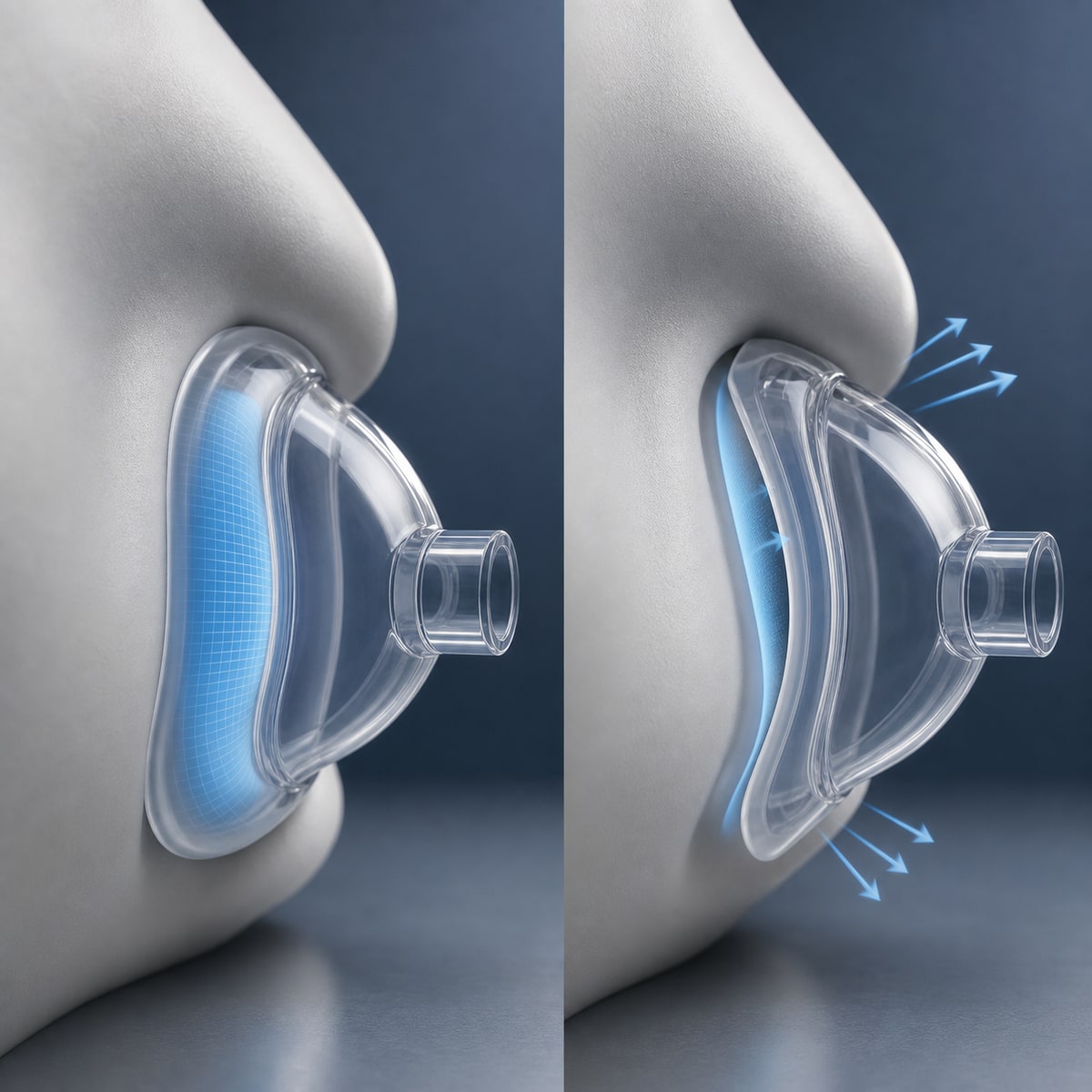cinematic 3D cutaway one-way valve mechanism with directional airflow arrows transparent housing and premium medical device lighting