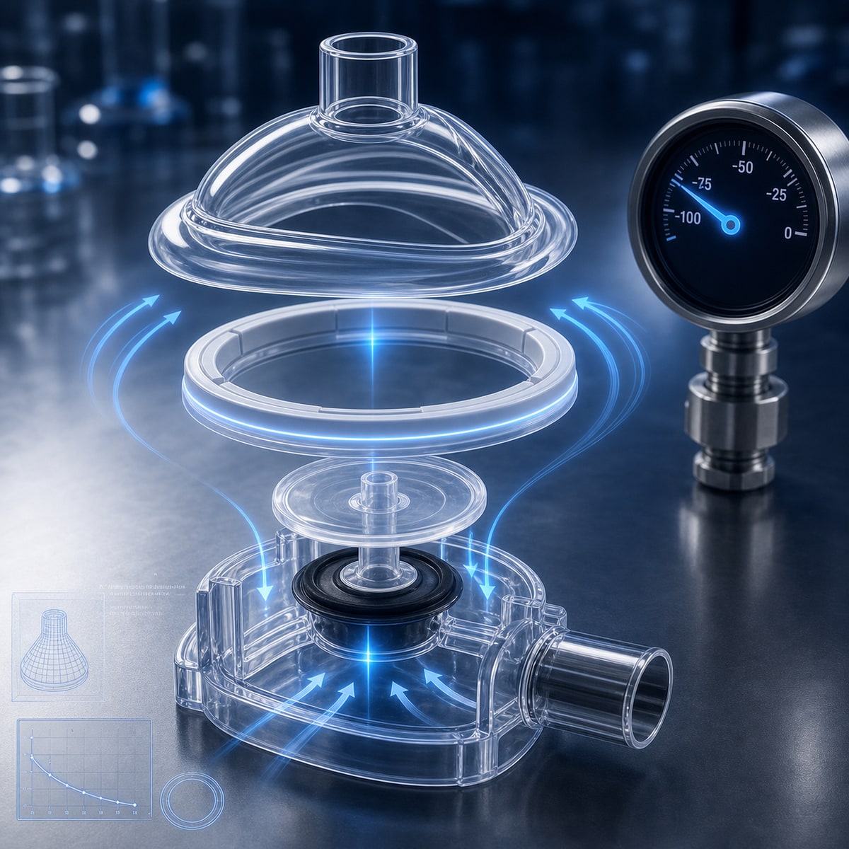 cinematic 3D medical engineering cover showing one-way valve mask seal negative pressure chamber and airflow path for a choking rescue device