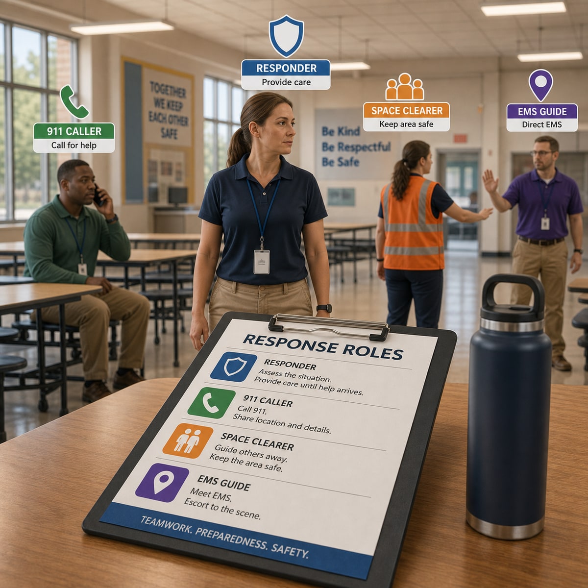 cinematic 3D school cafeteria choking response role assignment with 911 caller responder space clearer and EMS guide
