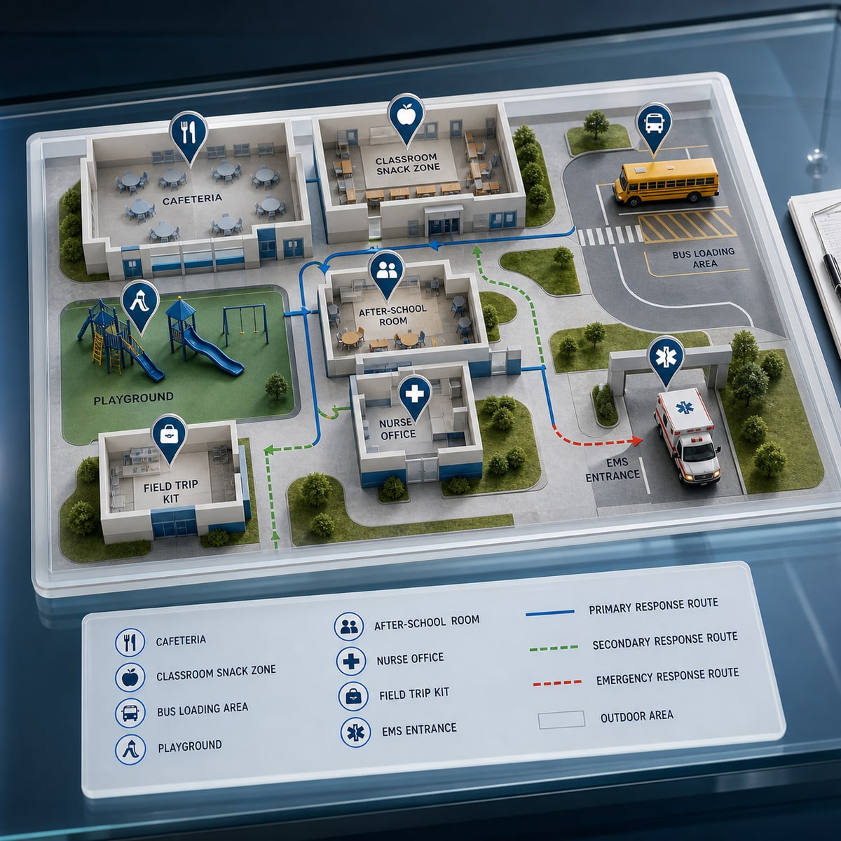 cinematic 3D school campus choking risk map with cafeteria classroom bus zone field trip kit nurse office and EMS response routes