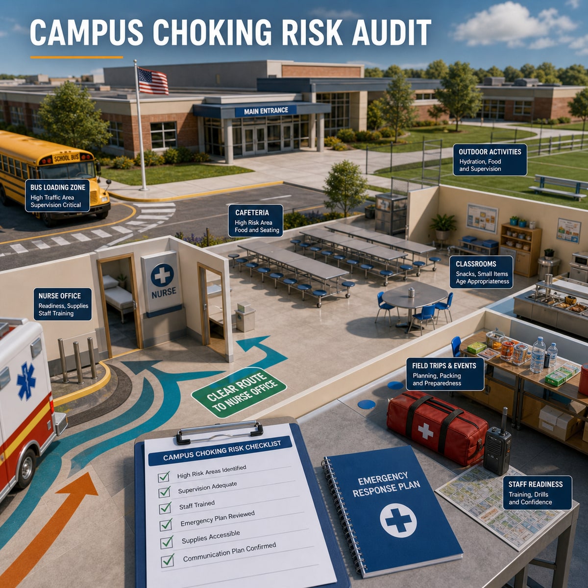 cinematic 3D school choking risk assessment cover showing campus cafeteria classroom bus zone field trip route and response readiness map