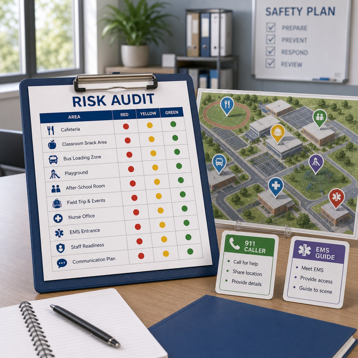 cinematic 3D school choking risk audit scorecard with red yellow green matrix campus map and response role cards without devices