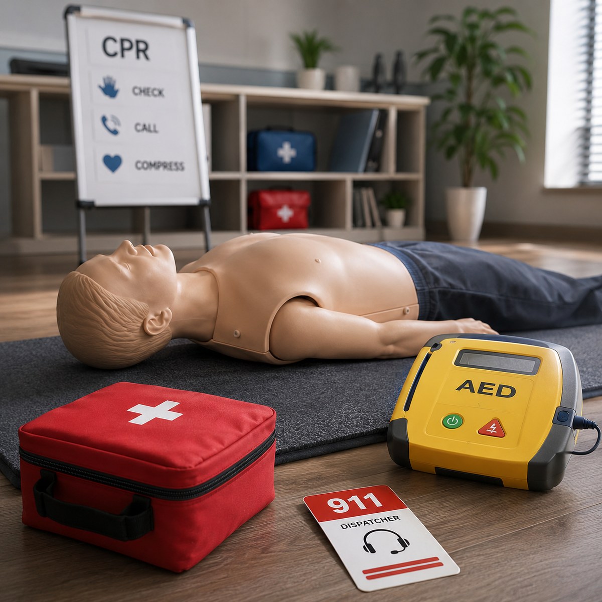 cinematic 3D unresponsive choking CPR transition scene with training manikin AED first aid kit and 911 dispatcher card without distress