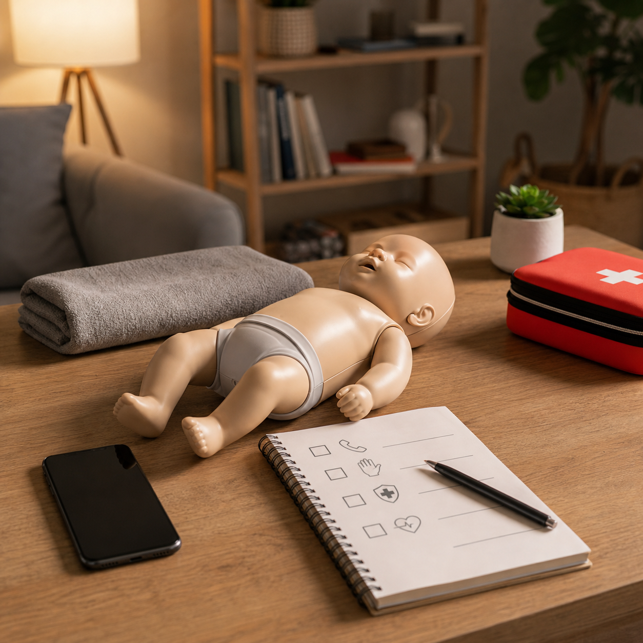 cinematic 3D infant first-aid readiness training setup for baby-led weaning families