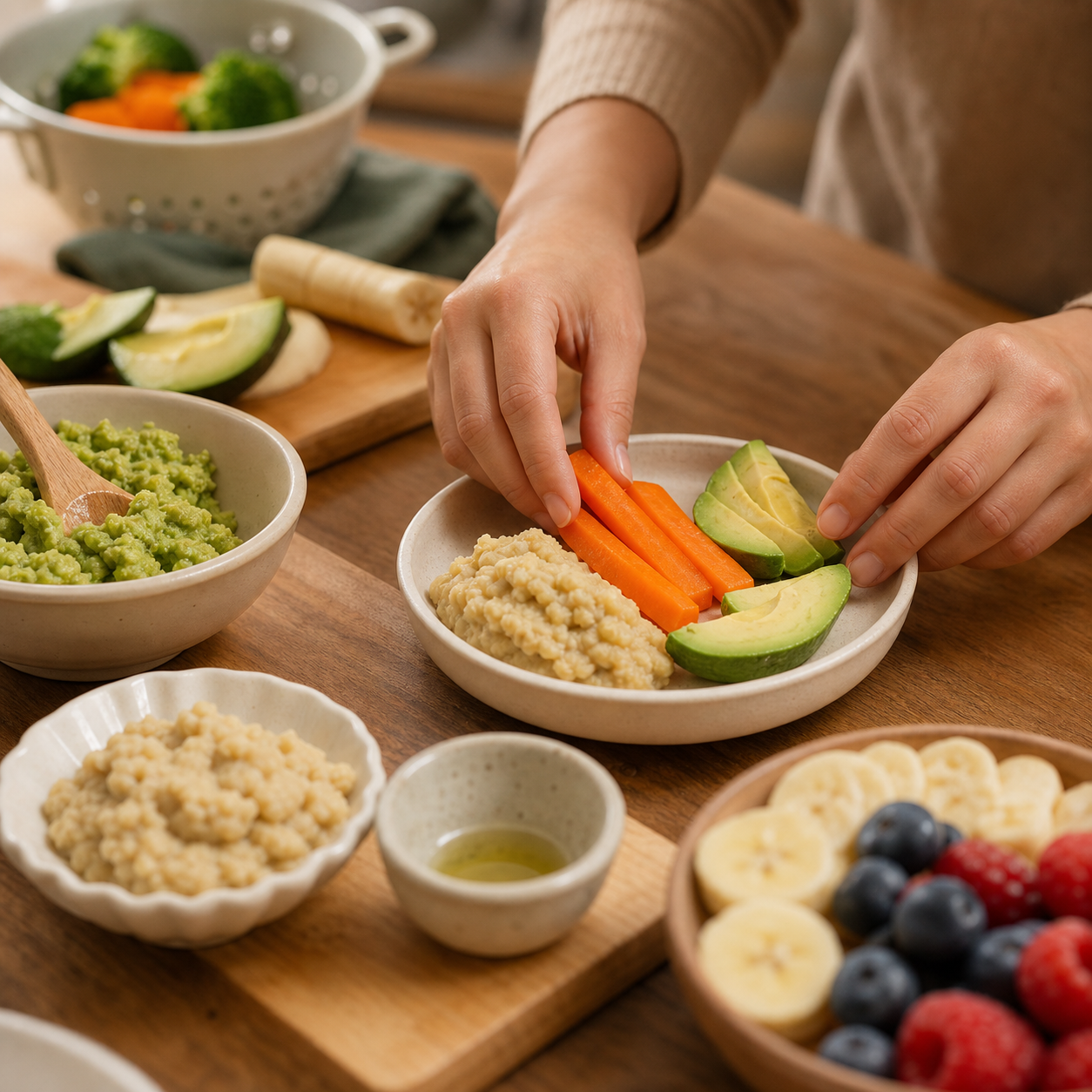 cinematic 3D safer baby-led weaning first-food preparation on a kitchen counter