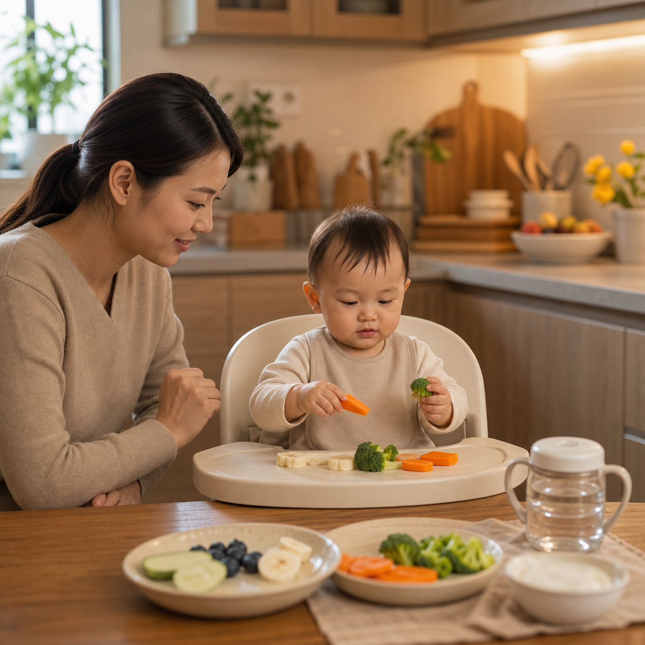 cinematic 3D seated high-chair supervision scene for calmer baby-led weaning meals