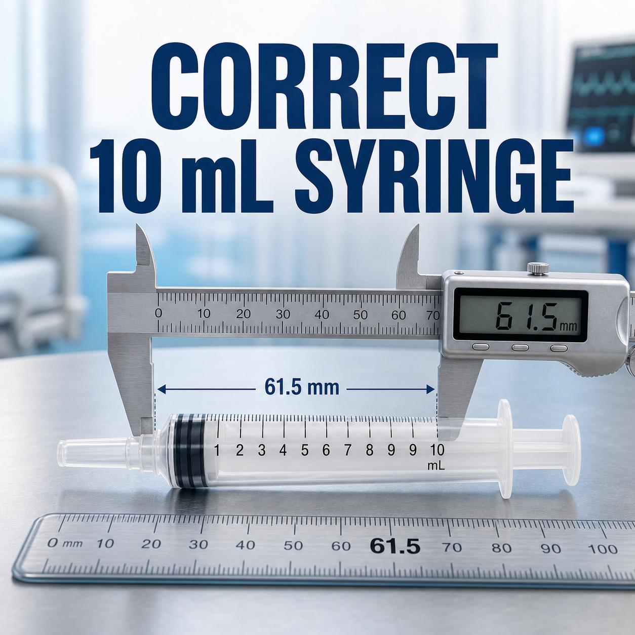 cinematic 3D close-up showing correct 61.5 mm 10 mL slip tip syringe geometry for IDDSI Flow Test accuracy