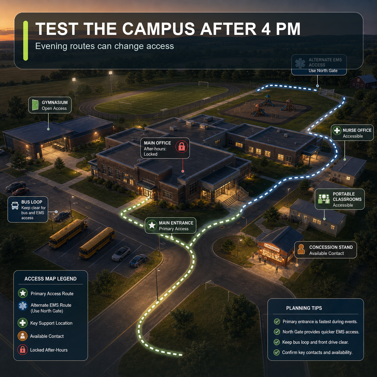 cinematic 3D after-hours rural school campus access map at dusk with gym entrance concession stand locked office and alternate EMS route