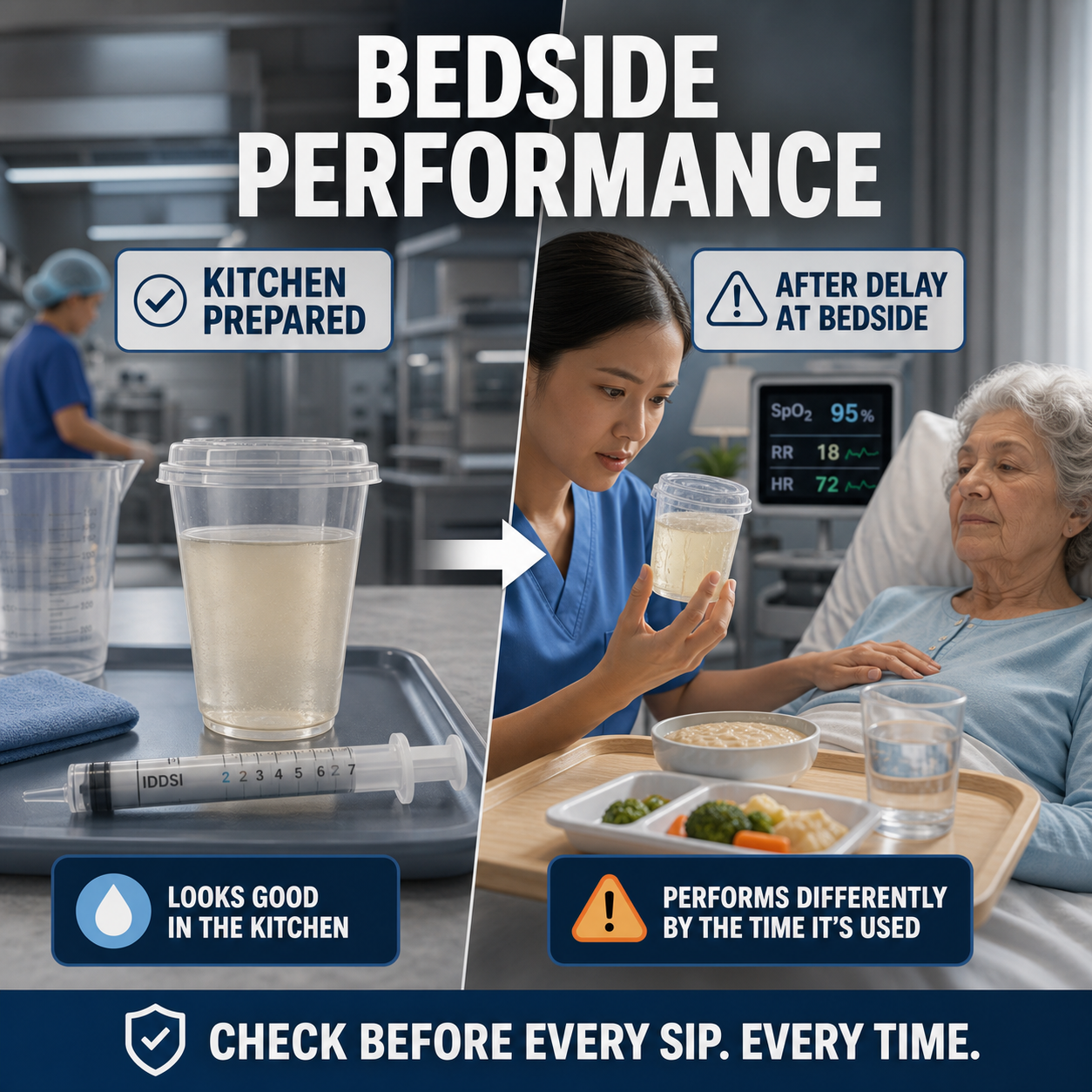 aged-care bedside 3D scene comparing kitchen appearance with actual thickened drink bedside performance