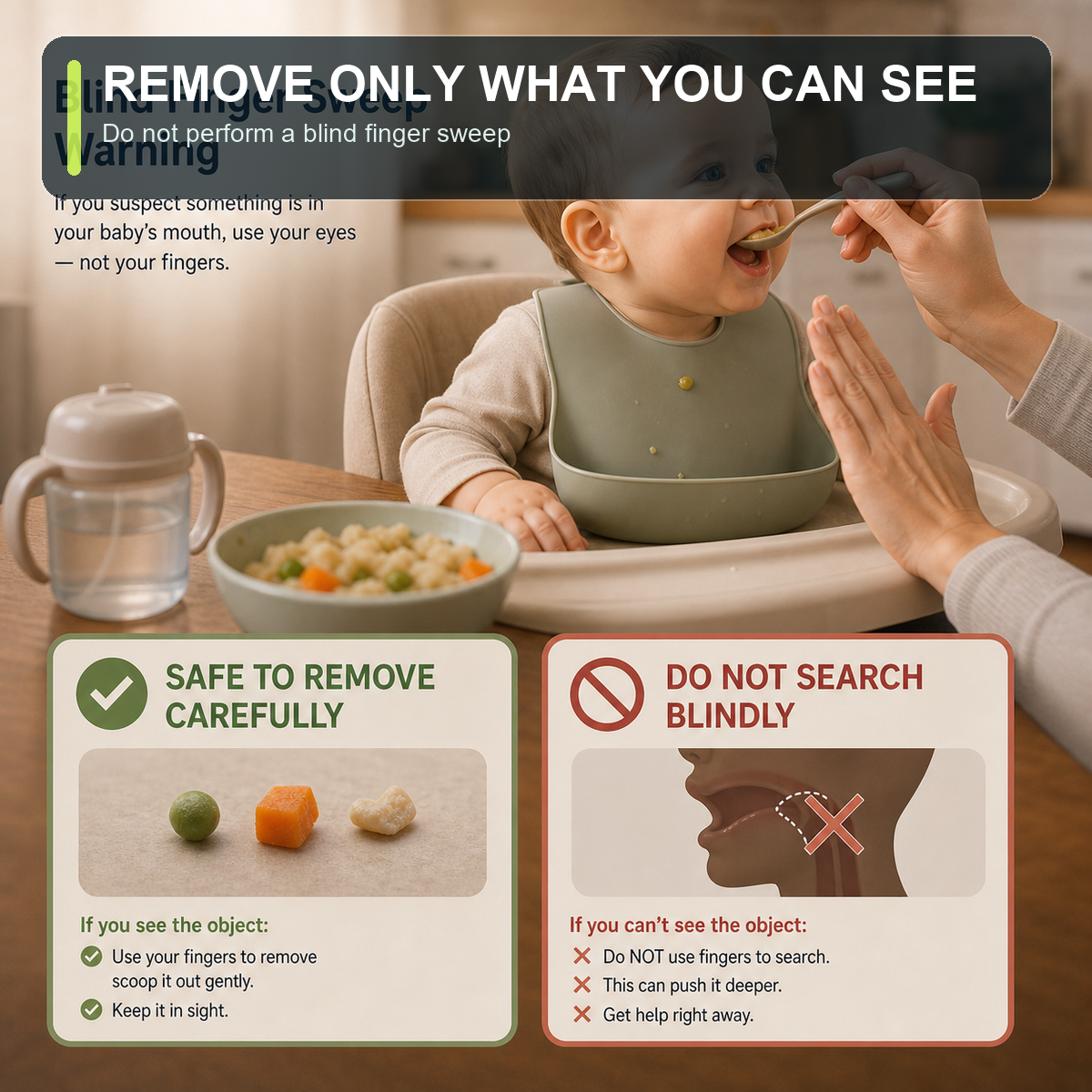 cinematic 3D blind finger sweep warning showing visible object remove carefully and unseen object do not search blindly