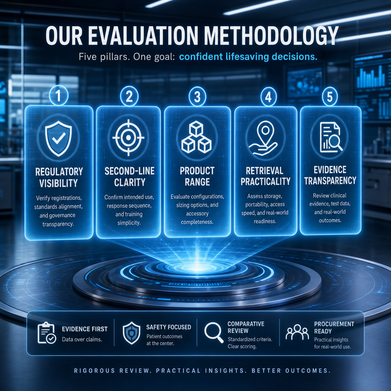 Cinematic 3D medical illustration of anti-choking device brand evaluation methodology.