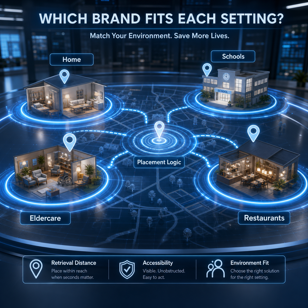 Cinematic 3D medical placement map showing which anti-choking device brand fits each setting.