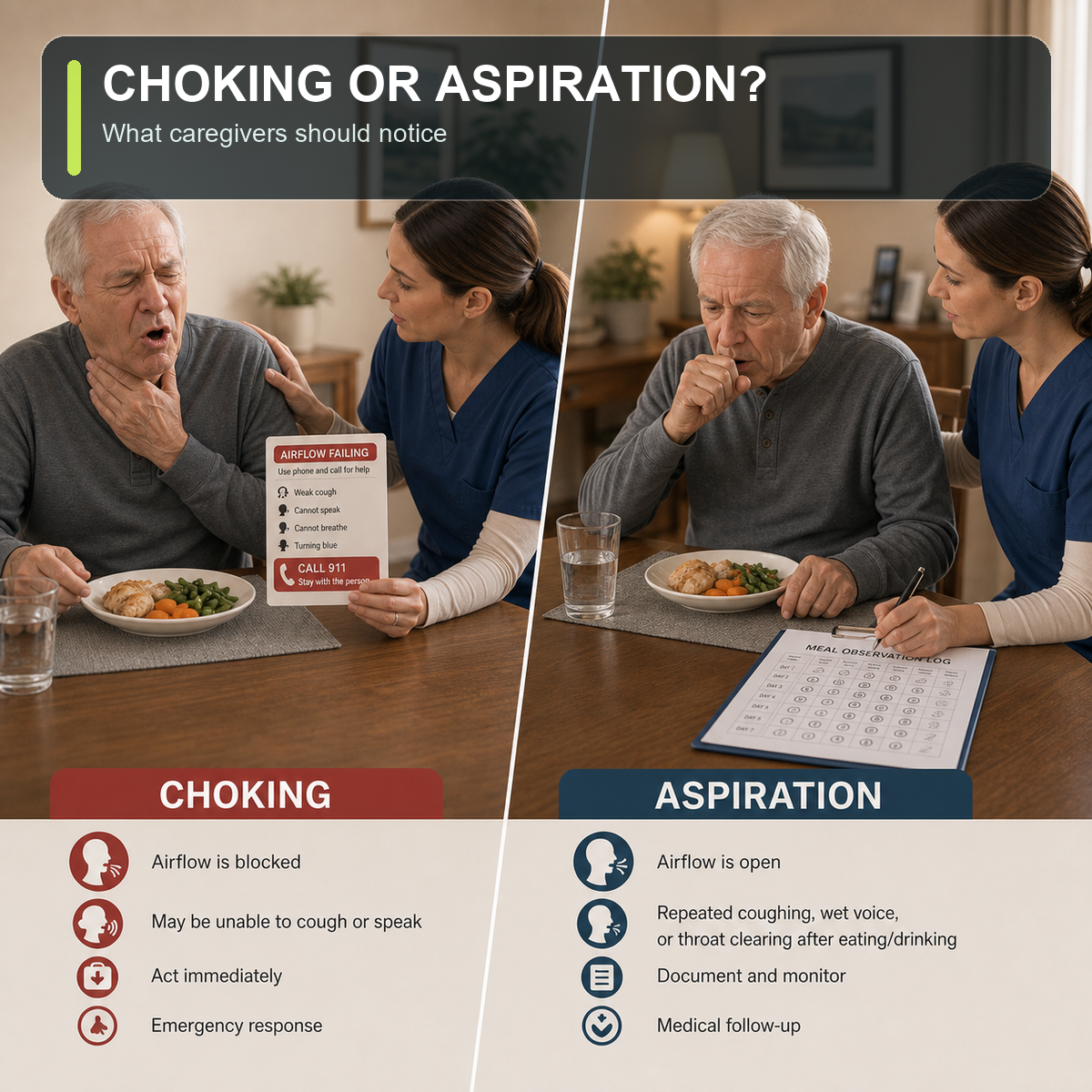 cinematic 3D choking versus aspiration older adults caregiver guide cover showing acute airway emergency boundary and quieter repeated coughing pattern