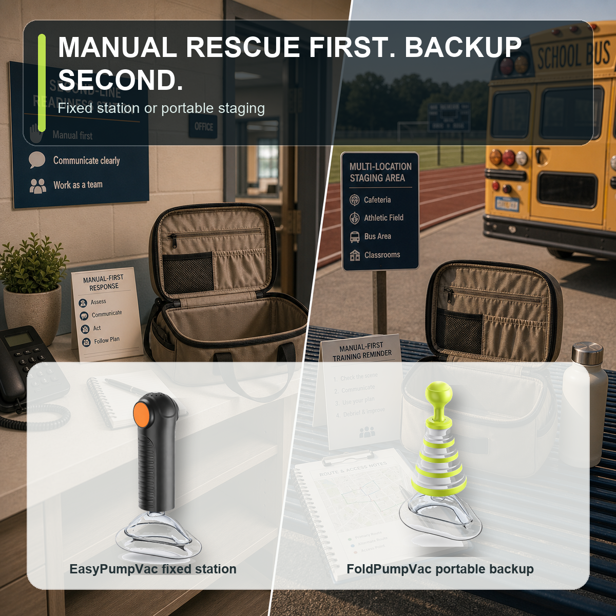 cinematic 3D school second-line placement boundary using real Fitiger product references for fixed indoor station and portable multi-location planning