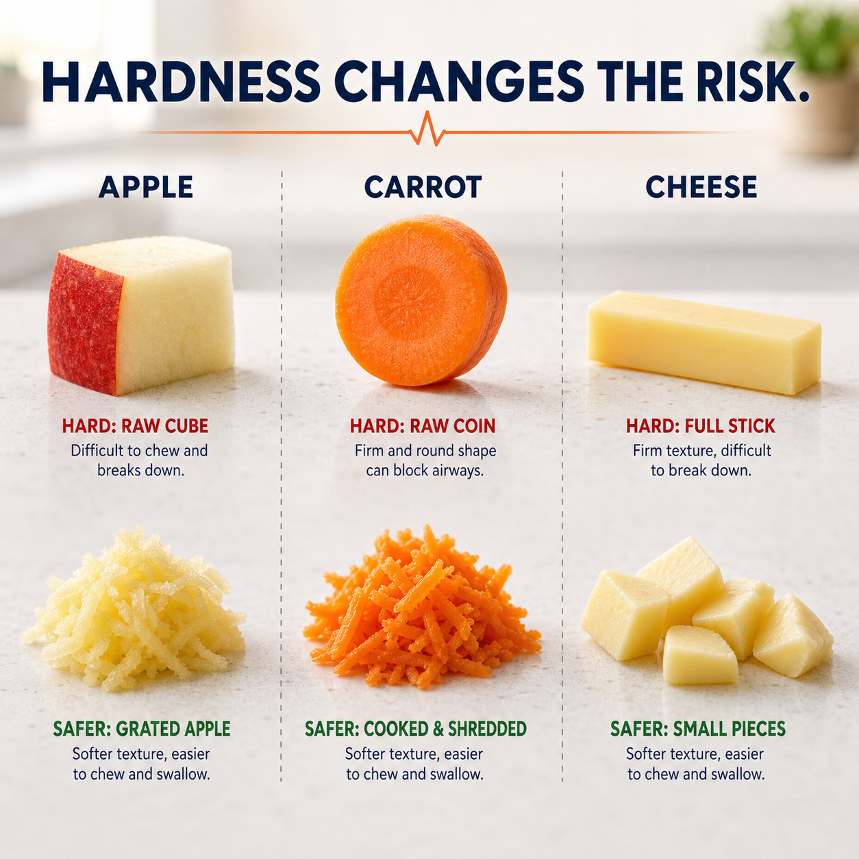 cinematic 3D food safety comparison showing hard apple chunks carrot coins and full cheese stick beside softer safer toddler preparations