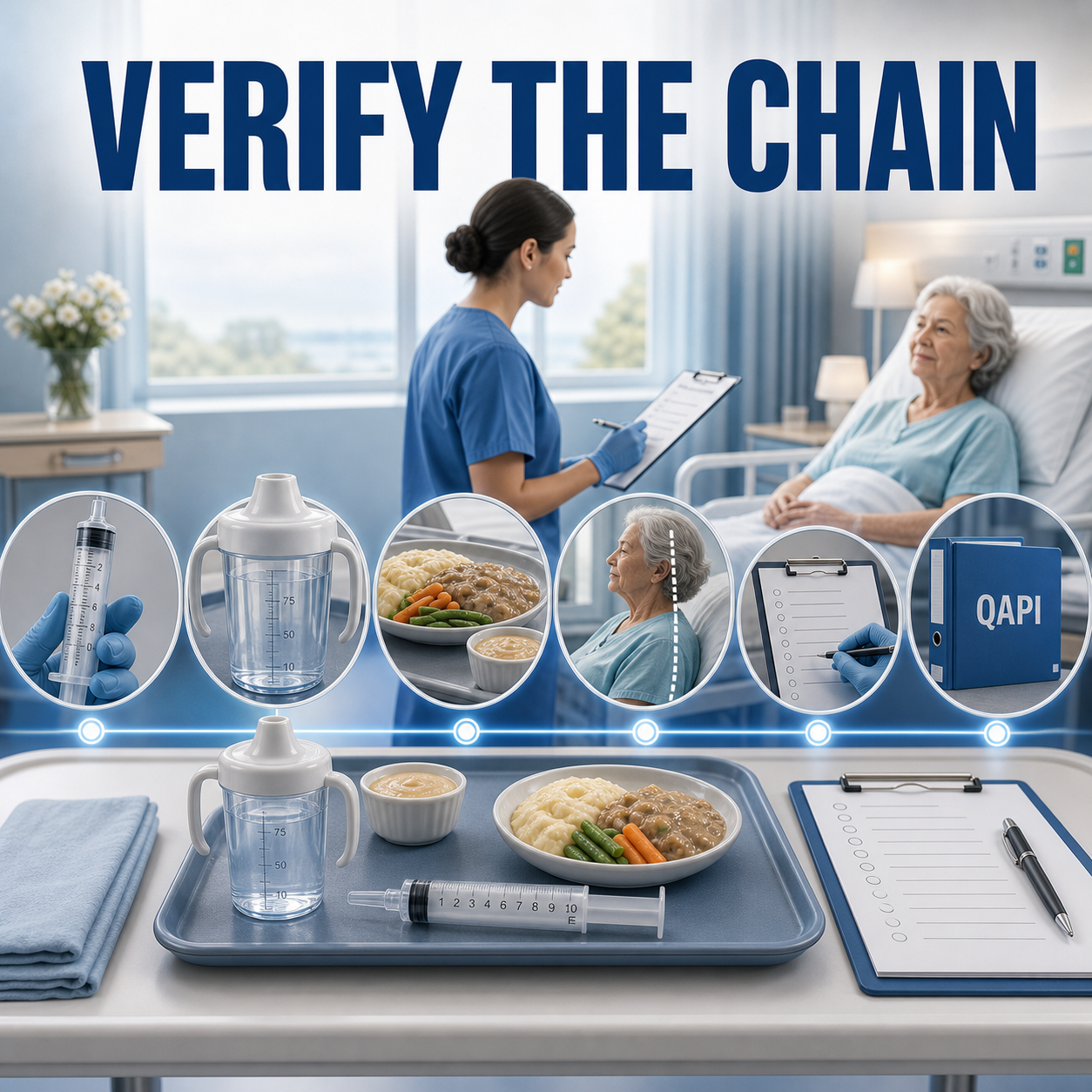 cinematic 3D eldercare workflow audit showing IDDSI syringe verification tray label posture assistance and symptom documentation chain