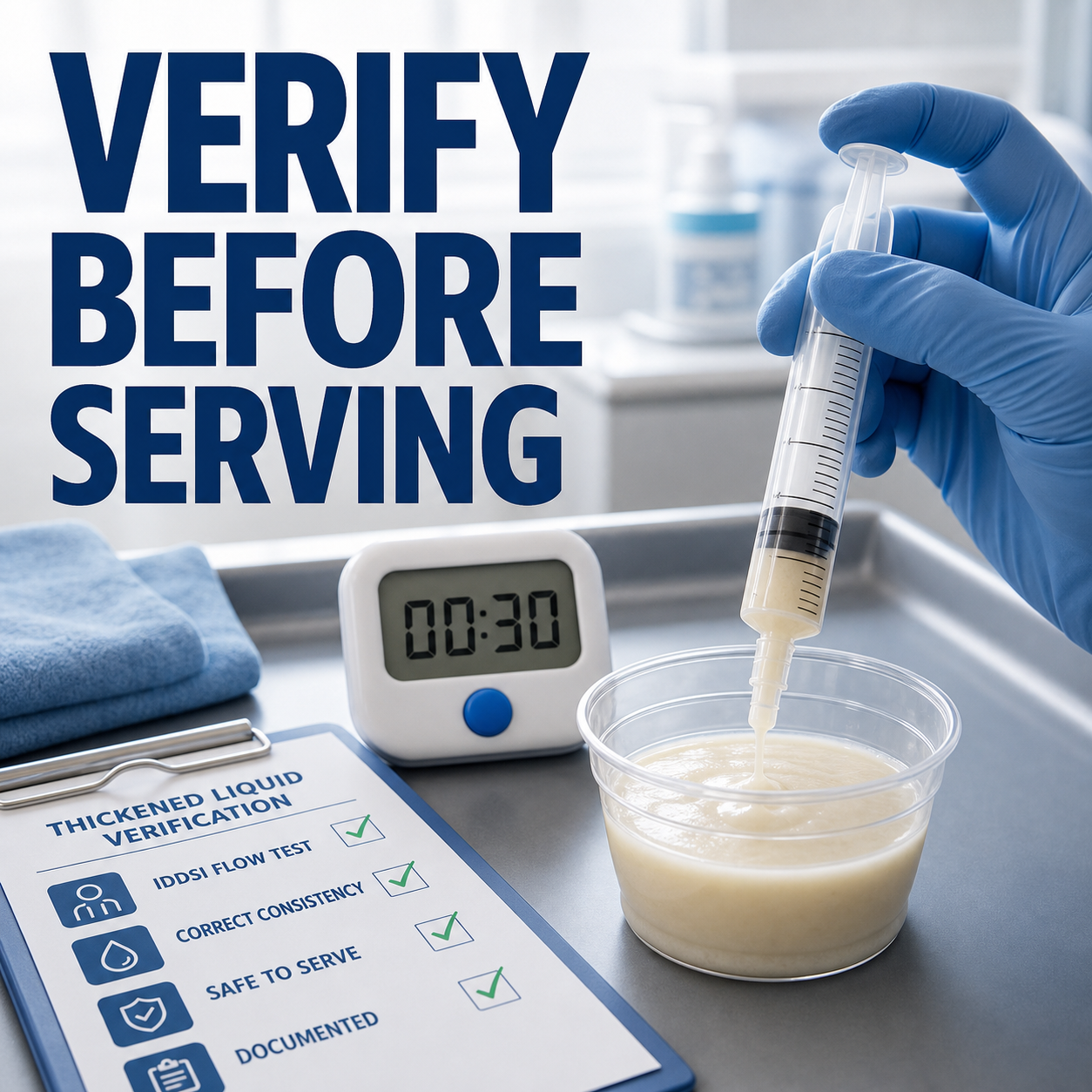 premium 3D medical close-up of an IDDSI flow test verifying thickened liquid before serving
