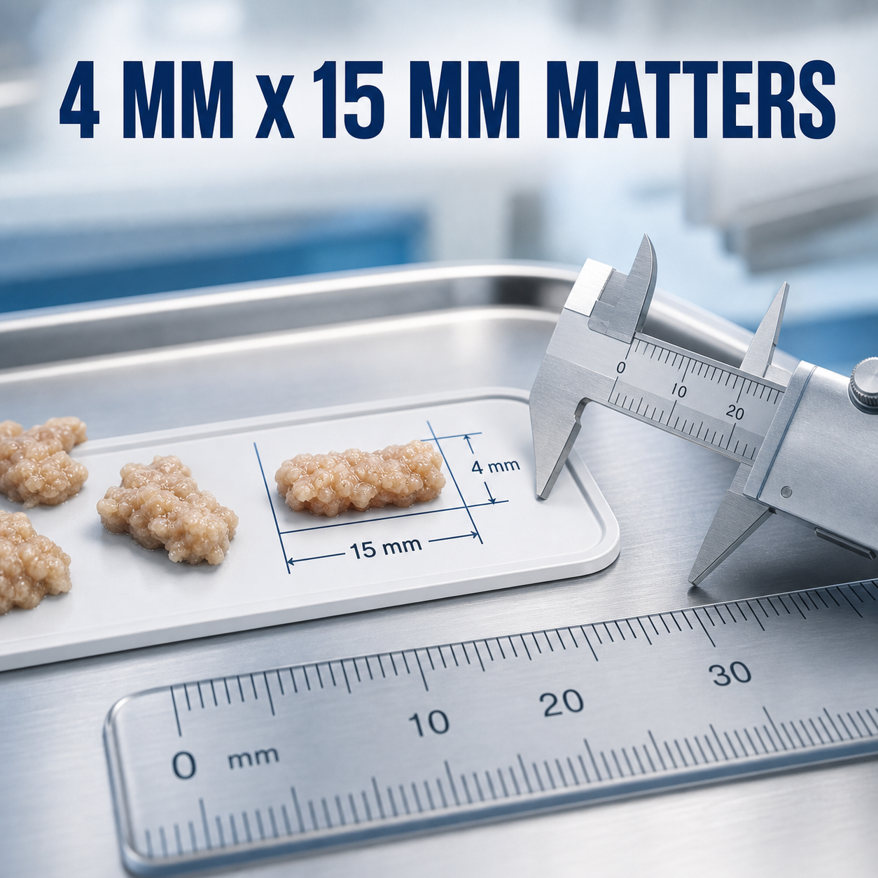 clinical close-up showing IDDSI Level 5 minced and moist particle check with 4 mm by 15 mm measurement guides