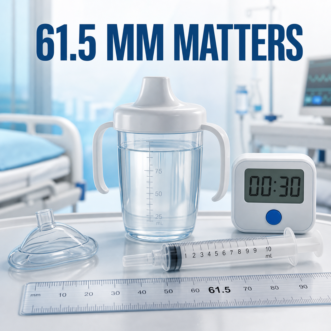 cinematic 3D clinical tabletop cover showing thickened drink cup timer 10 mL slip tip syringe and 61.5 mm IDDSI measurement
