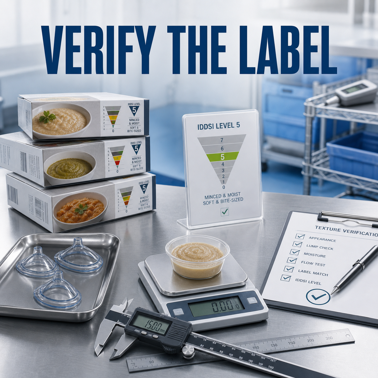 clinical procurement scene showing imported food label terminology checked against IDDSI texture standards before serving