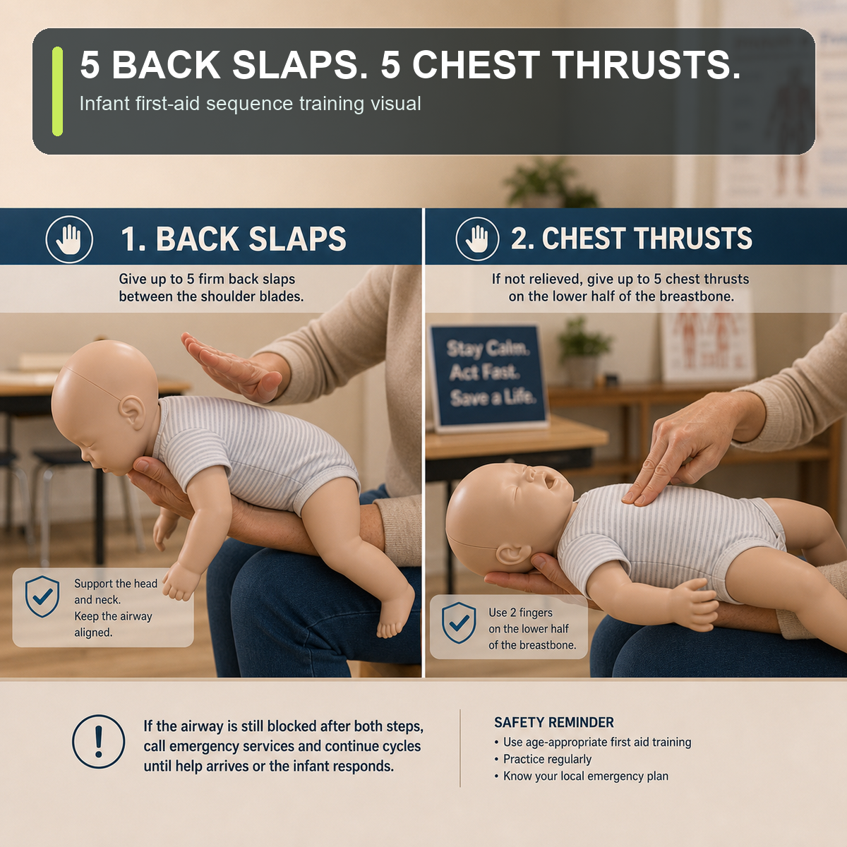 cinematic 3D infant first aid training visual showing back slaps and chest thrusts sequence with safe head and neck support
