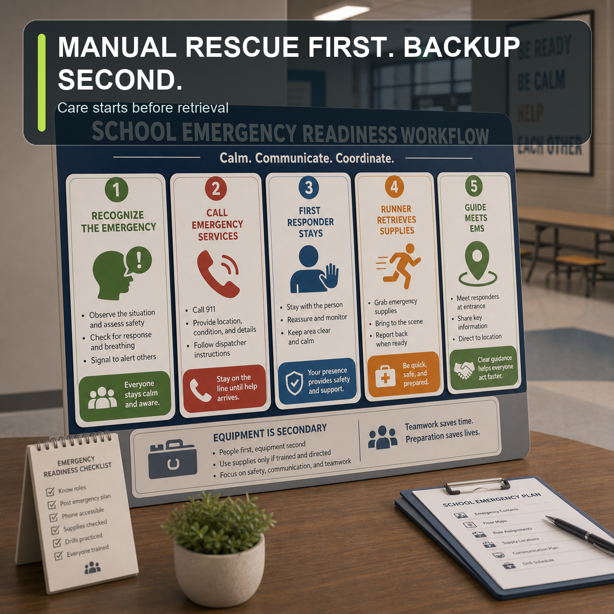 cinematic 3D school choking response workflow showing recognize severe choking call 911 begin manual rescue assign runner and meet EMS