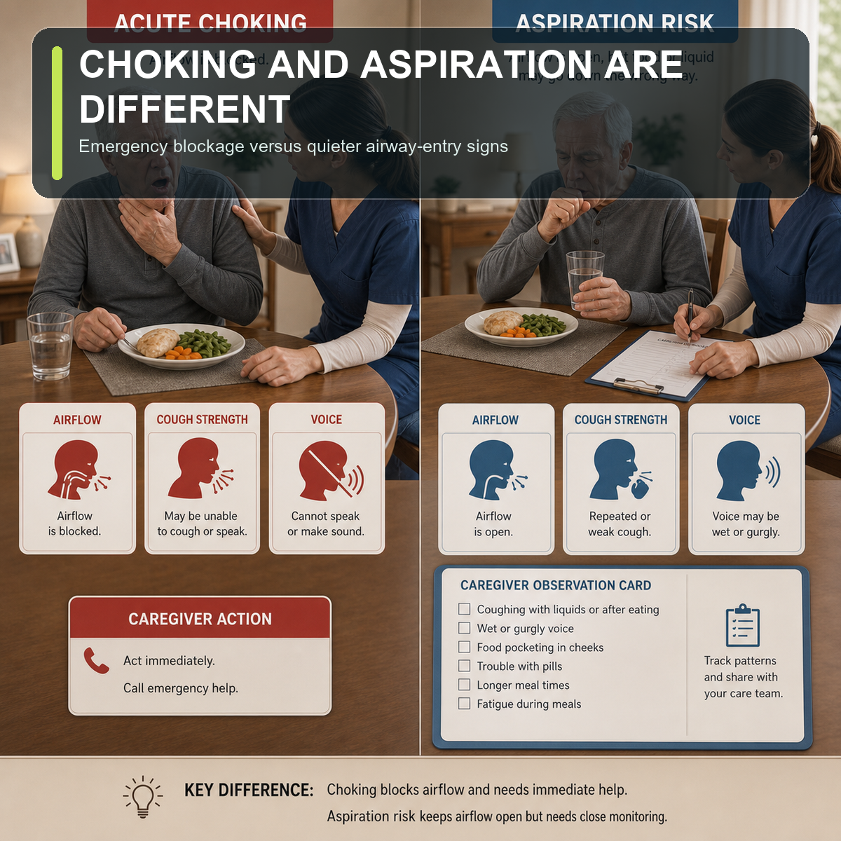 cinematic 3D side by side comparison explaining acute choking signs versus quieter aspiration warning signs in older adults