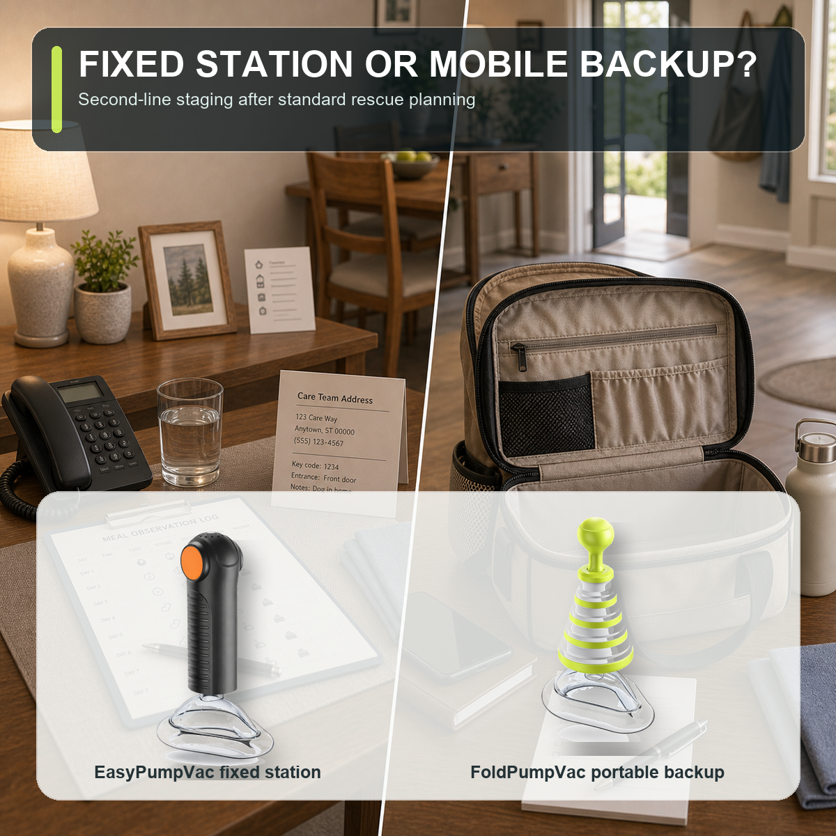 cinematic 3D eldercare second-line staging using real Fitiger EasyPumpVac and FoldPumpVac reference products for fixed station and mobile backup