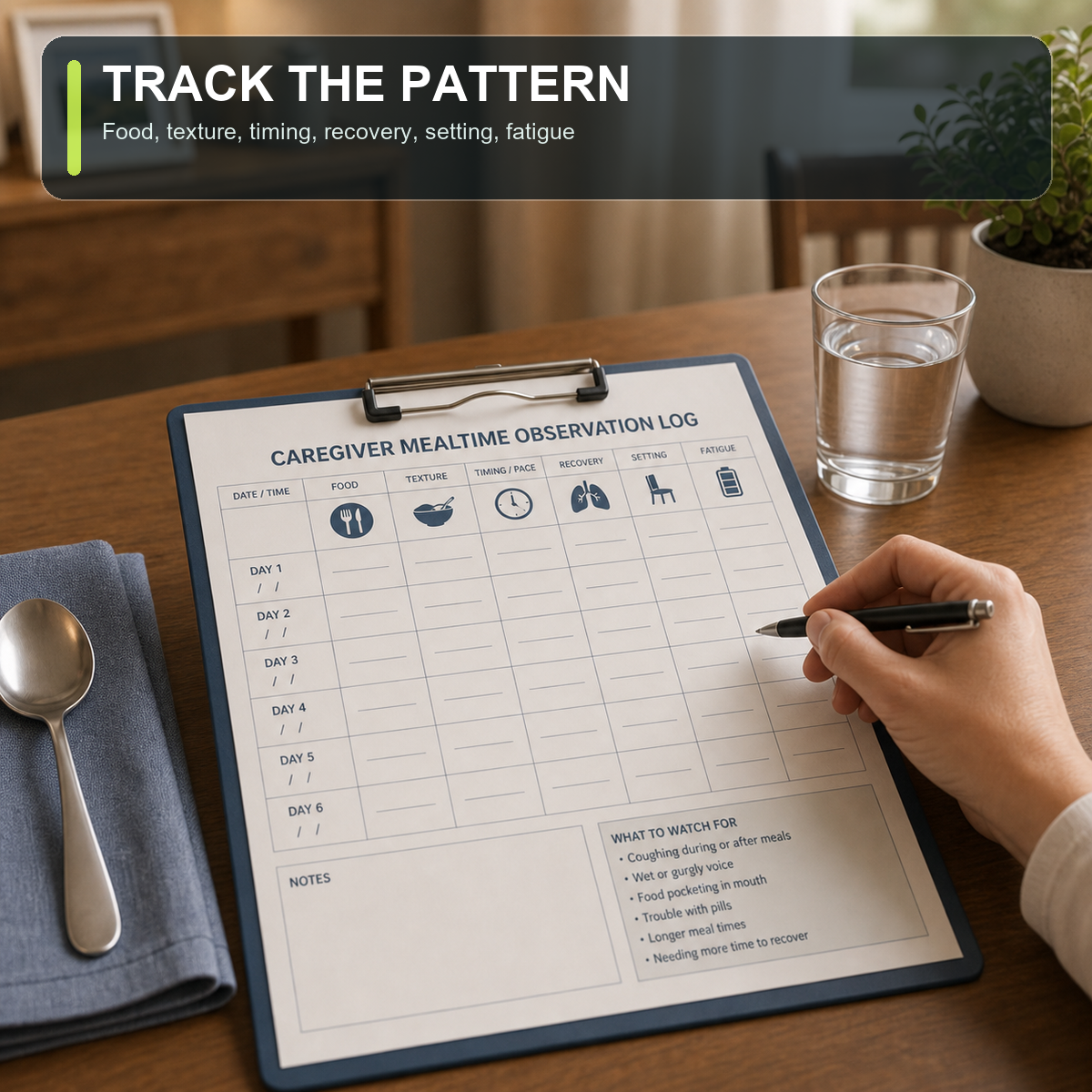 cinematic 3D caregiver mealtime observation log for older adults tracking food texture timing recovery setting and fatigue
