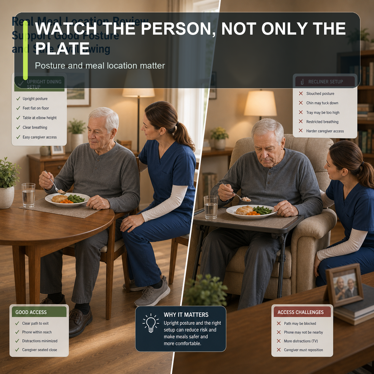 cinematic 3D older adult dining posture and real meal location review comparing upright table setup with recliner and television tray risk context