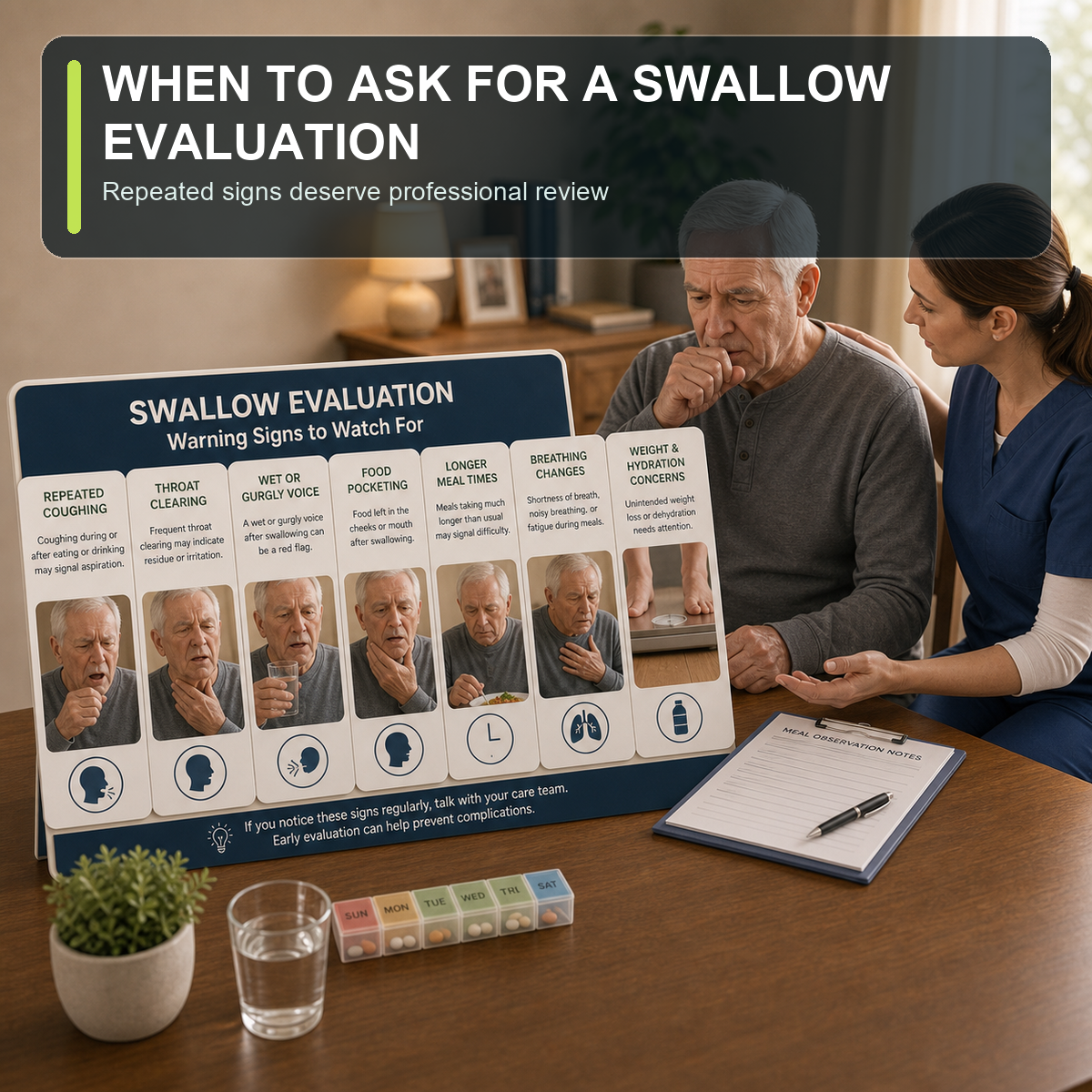 cinematic 3D swallow evaluation signs for older adults including repeated coughing throat clearing wet voice food pocketing longer meals and breathing changes