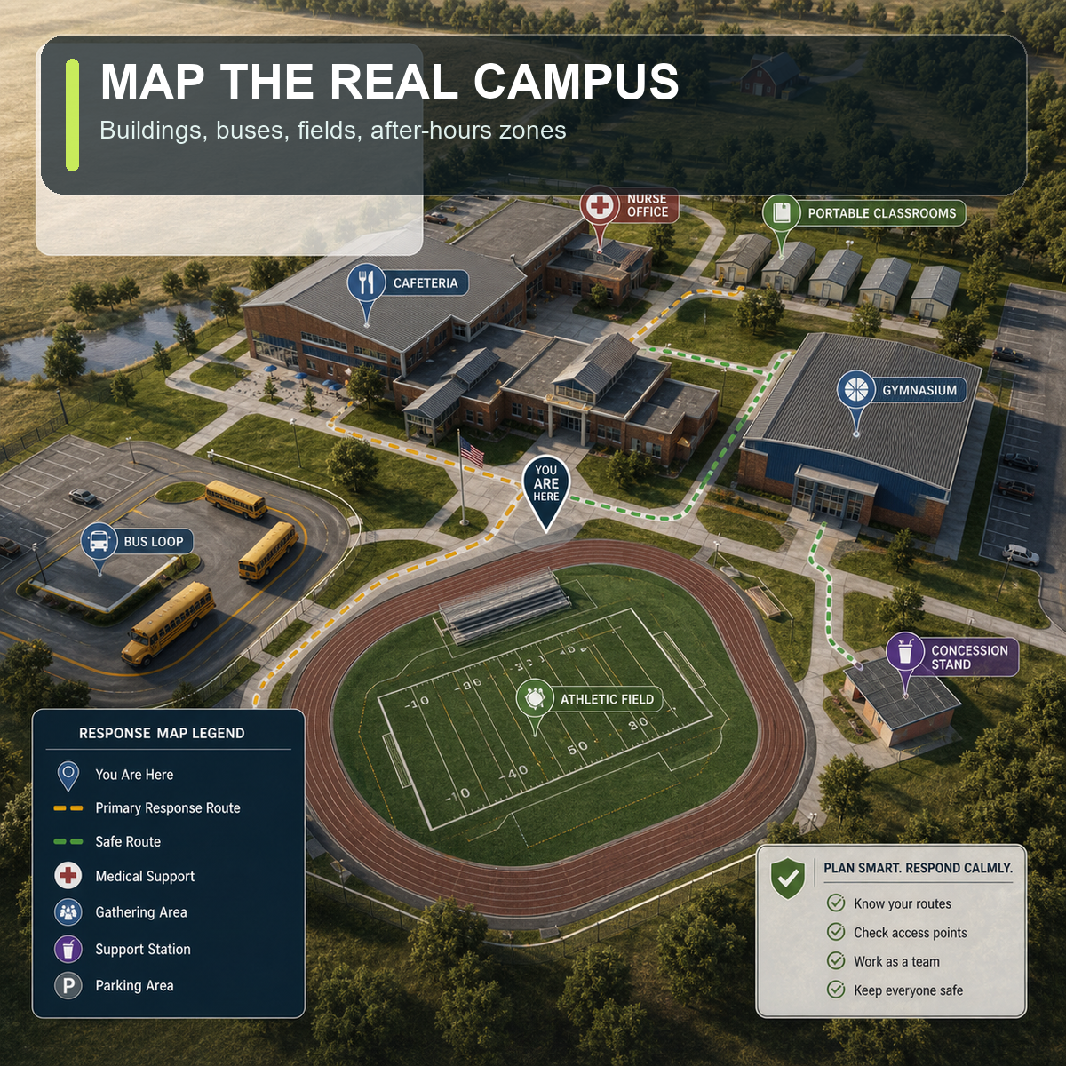 cinematic 3D rural campus response map showing cafeteria nurse office portable classrooms gym bus loop athletic field and concession stand walking routes