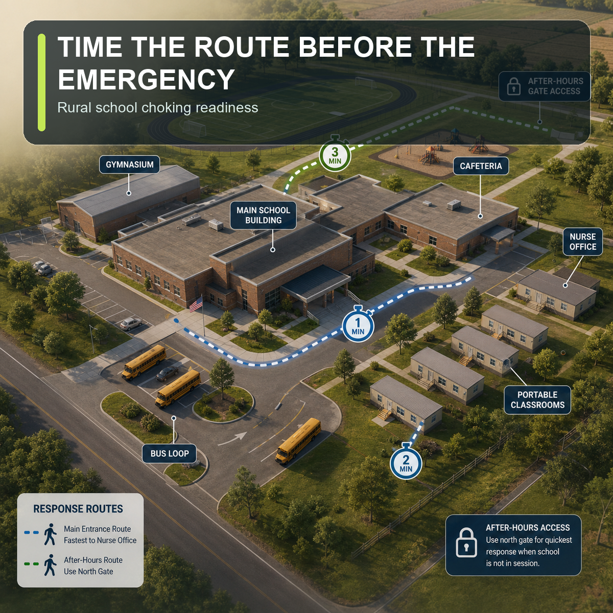 cinematic 3D rural school choking readiness route map cover with cafeteria nurse office portable classrooms bus loop gym athletic field and stopwatch route markers