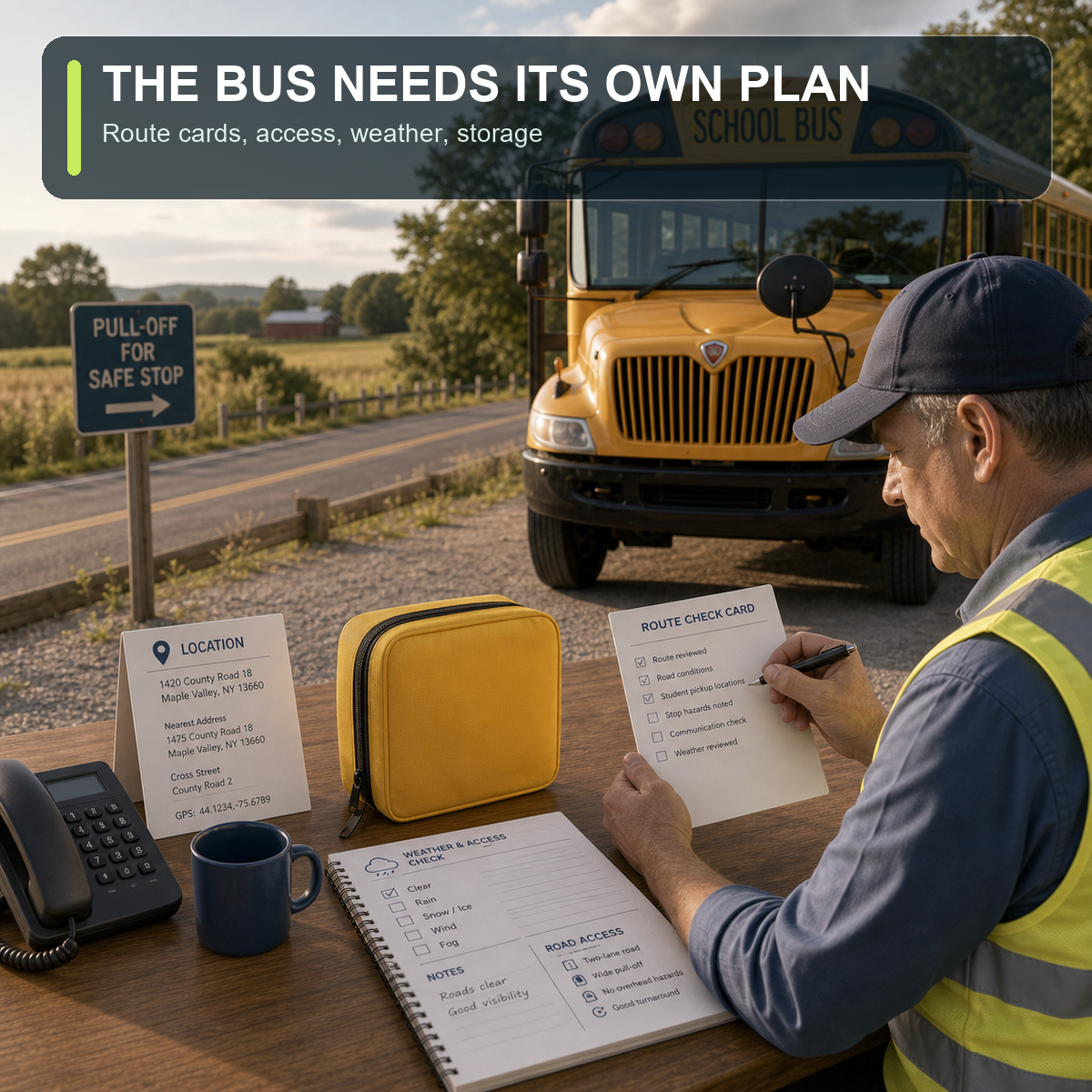 cinematic 3D school bus choking readiness route audit with safe pull-off route card protected kit pouch phone and weather access icons