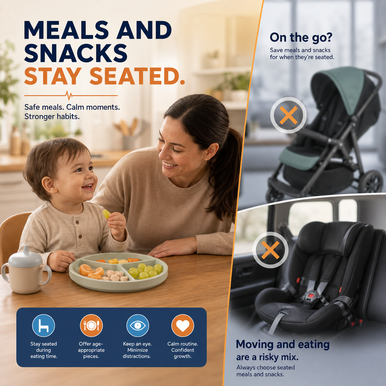 cinematic 3D split scene comparing a seated supervised toddler snack zone with avoided stroller and car snack situations
