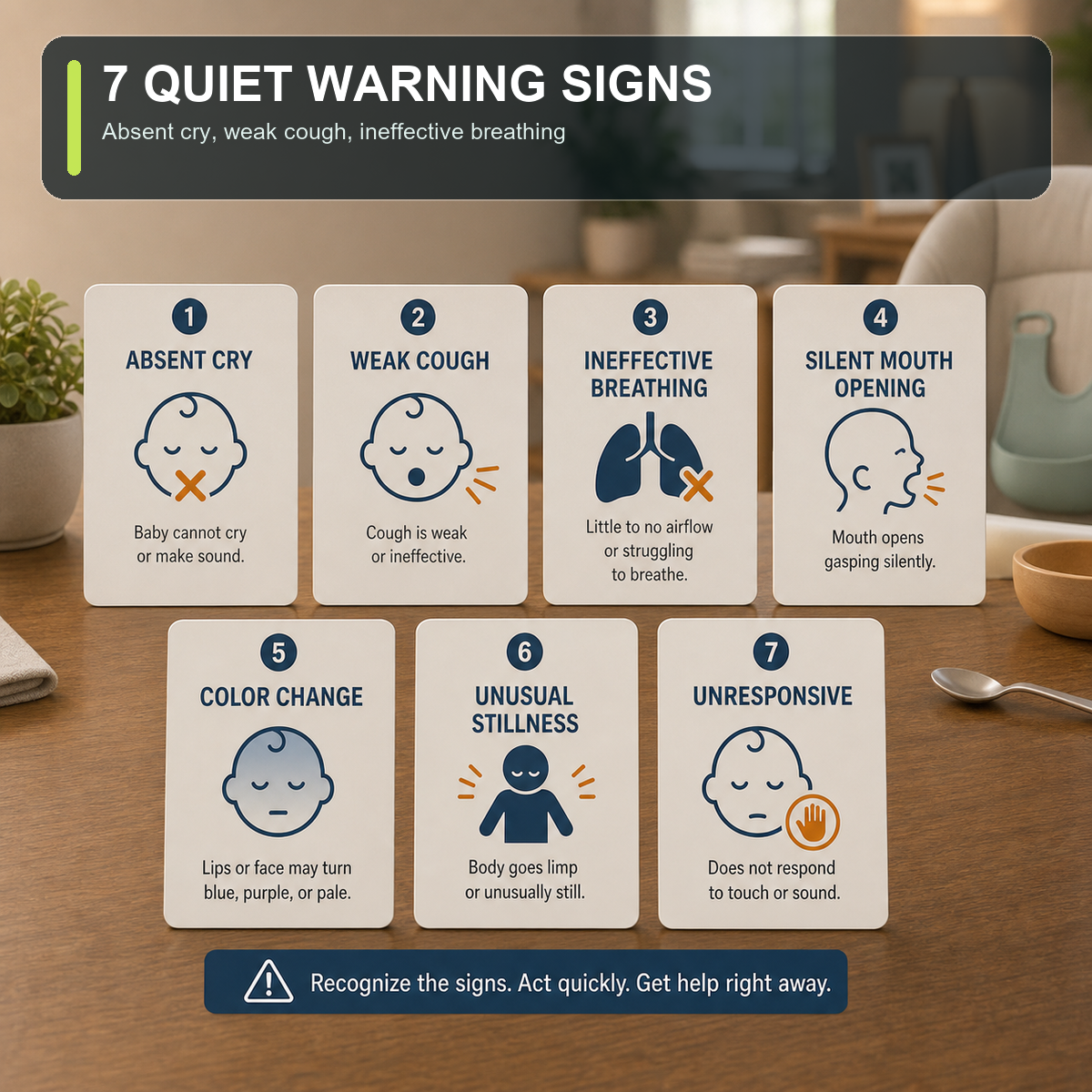 cinematic 3D seven quiet baby choking signs infographic with absent cry weak cough ineffective breathing silent mouth opening color change stillness and unresponsiveness icons
