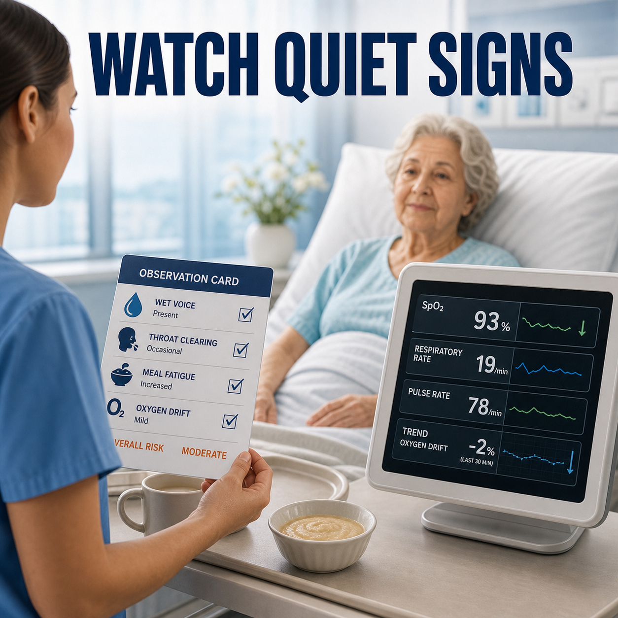 cinematic 3D eldercare bedside observation card showing wet voice throat clearing fatigue and desaturation warning signs after thickened drinks