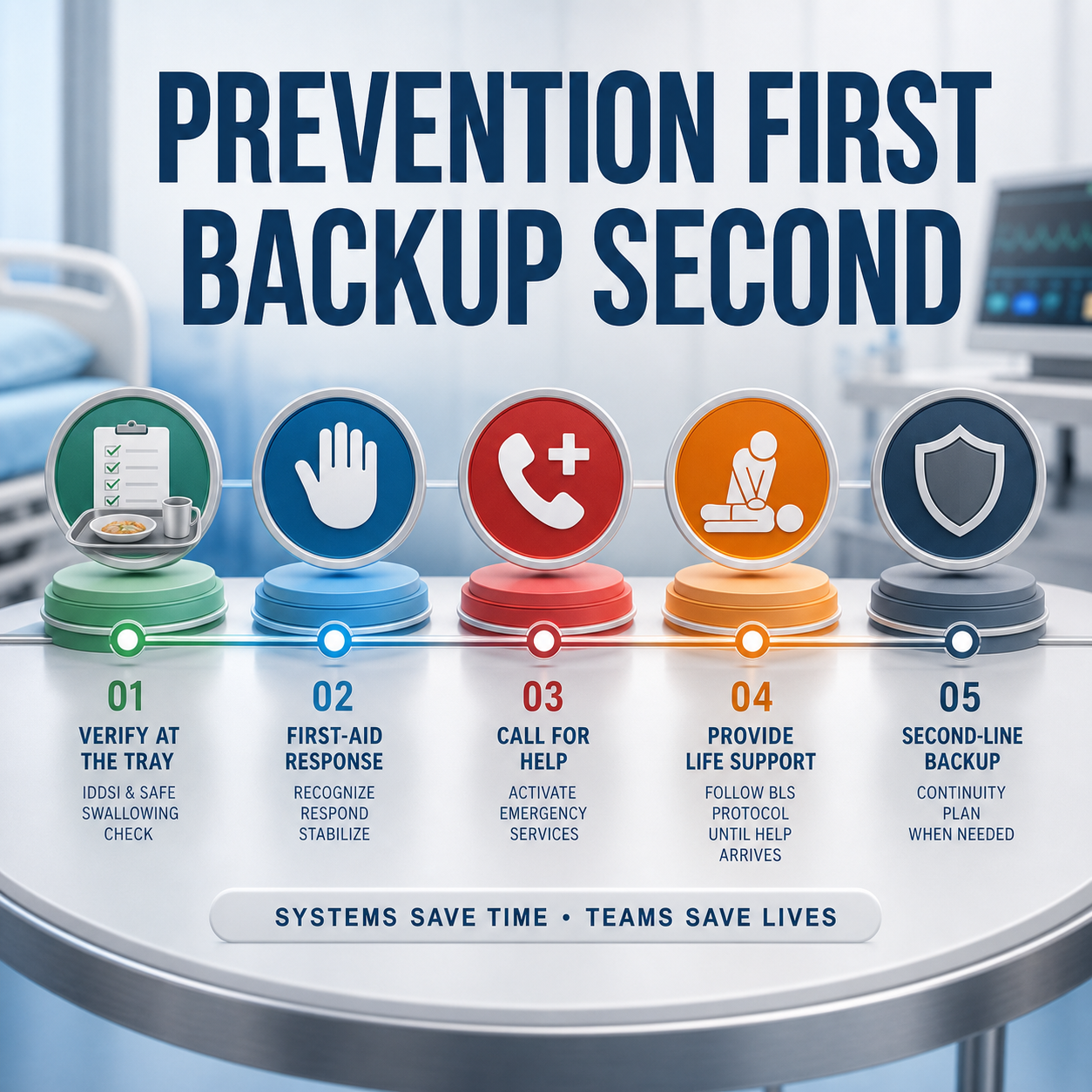 airway readiness workflow showing IDDSI prevention first-line choking response and second-line QXN backup after failed standard rescue