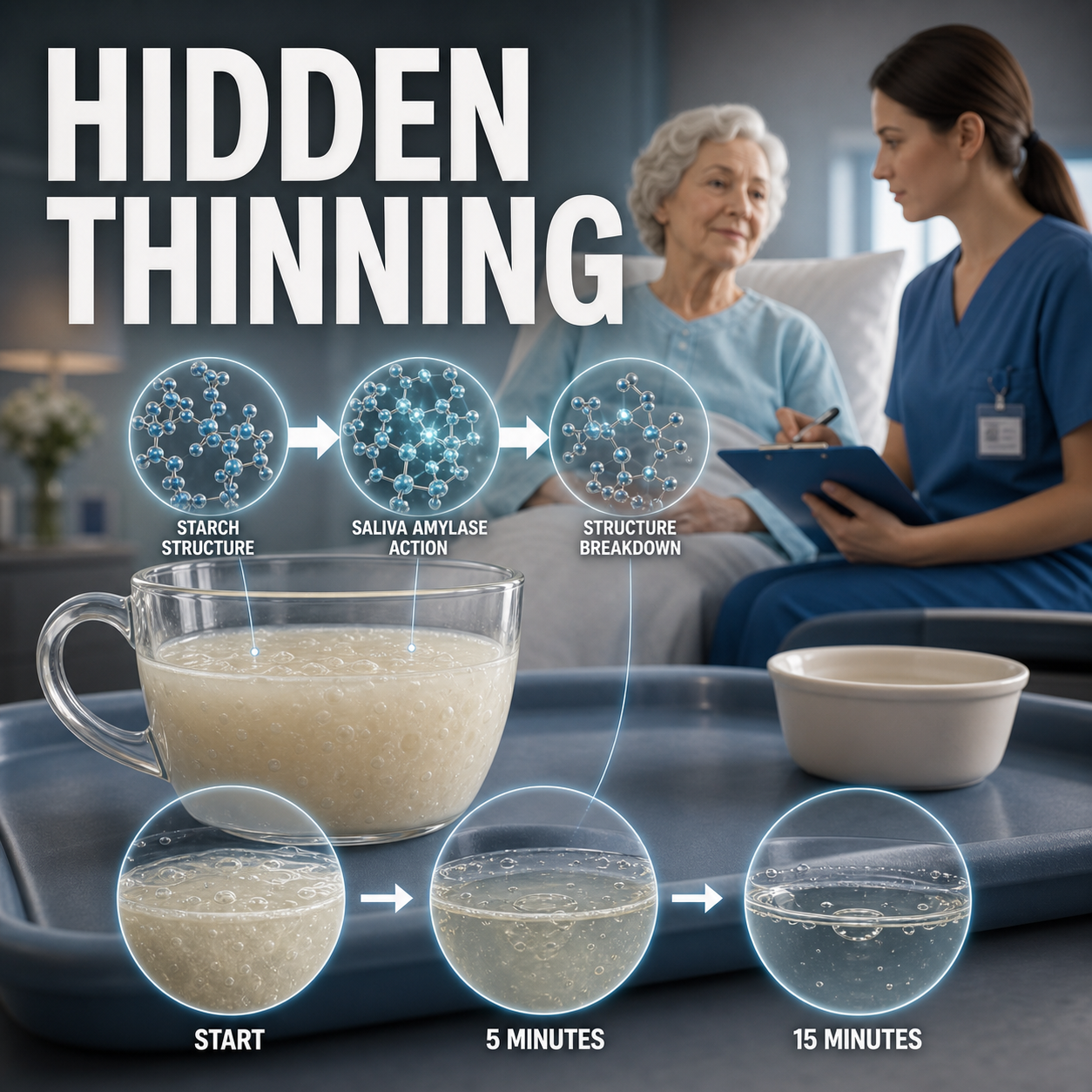 3D medical illustration showing starch thickener thinning after saliva contact during slow sipping