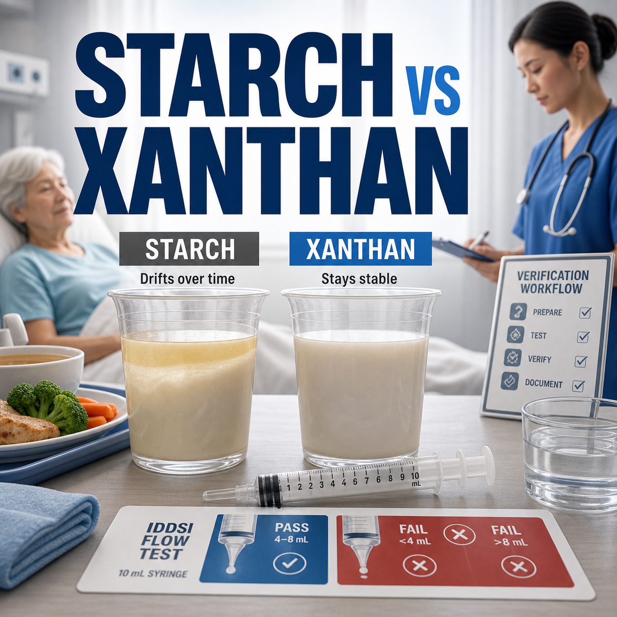 cinematic medical 3D comparison of starch and xanthan thickened drinks at an aged-care bedside