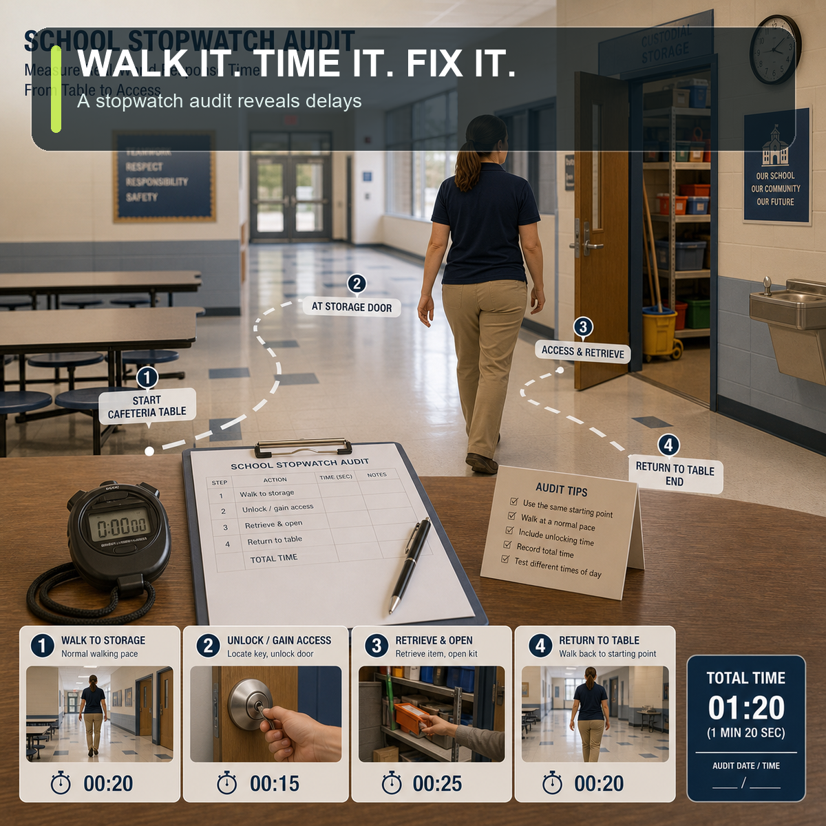 cinematic 3D rural school stopwatch audit from cafeteria table to storage point with walking unlocking retrieval opening and return checkpoints