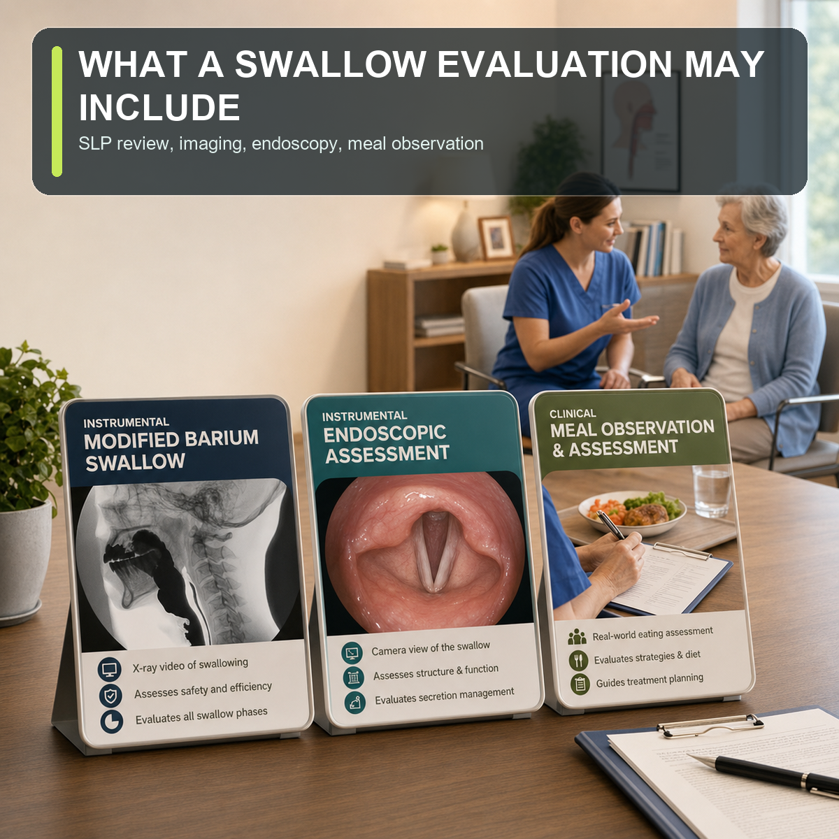 cinematic 3D swallow evaluation options showing modified barium swallow endoscopic assessment and clinical meal observation
