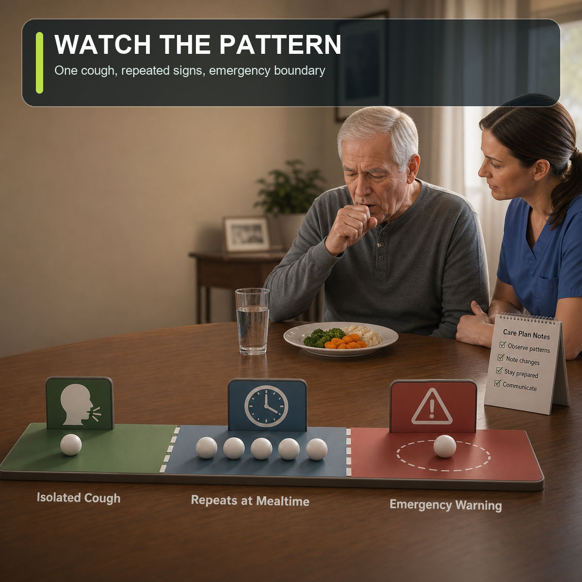 cinematic 3D mealtime symptom pattern visual showing isolated cough repeated coughing and emergency warning boundary