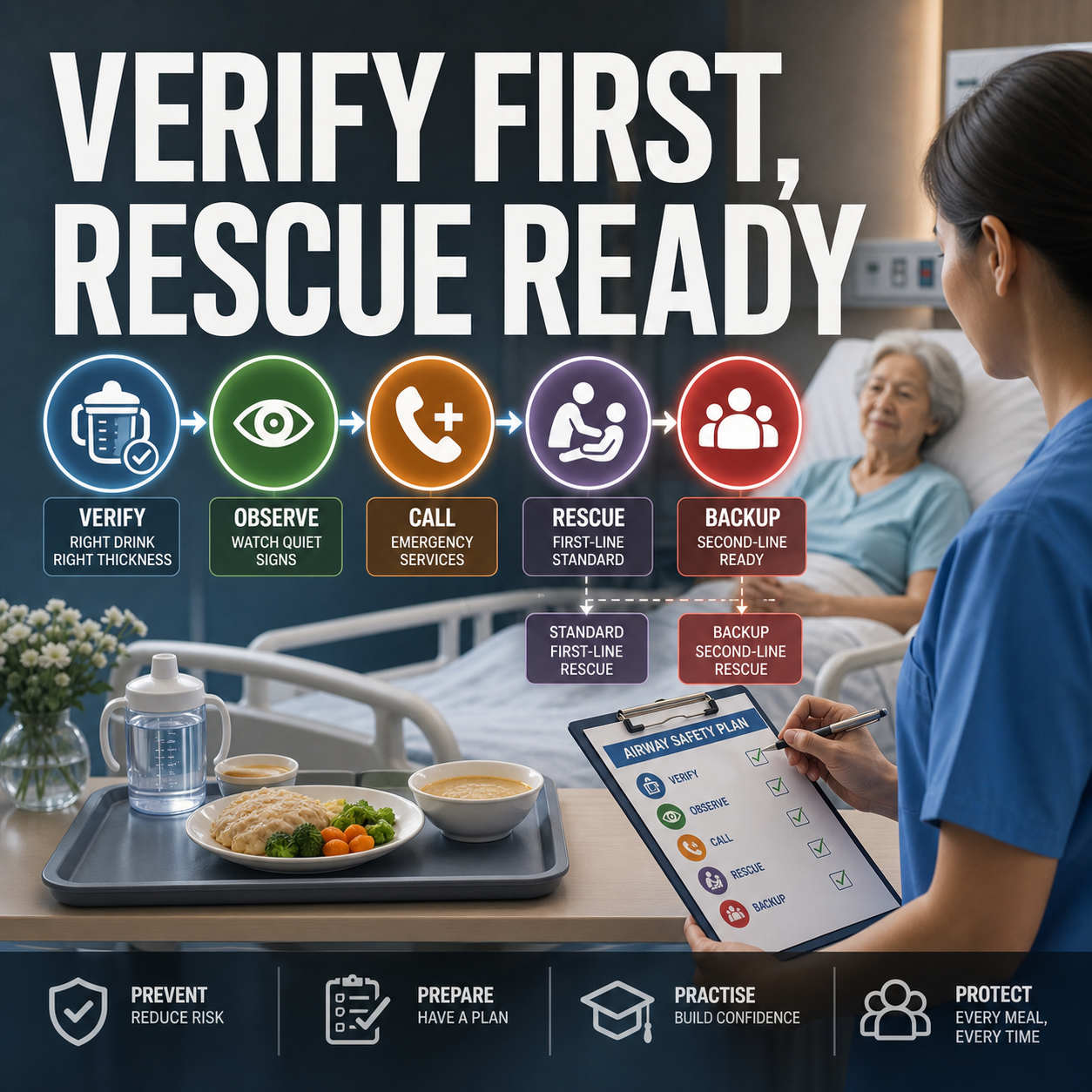 cinematic eldercare airway readiness workflow linking thickened drink verification to first-line rescue and second-line backup