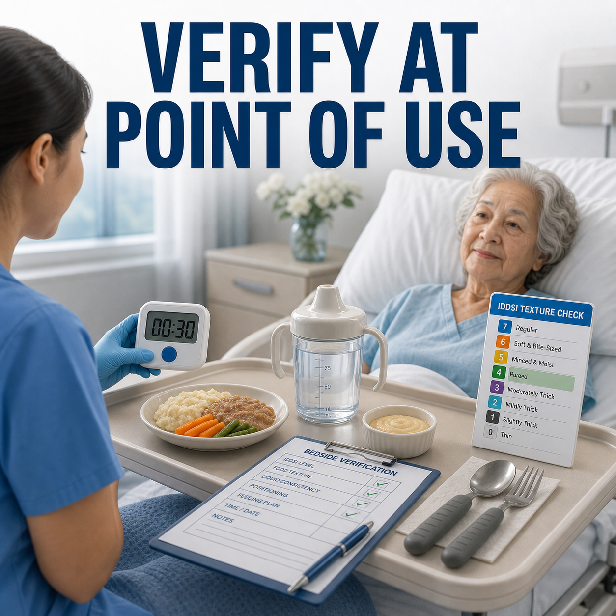 cinematic 3D bedside tray scene showing thickened drink service delay timer and care chart verification before resident use