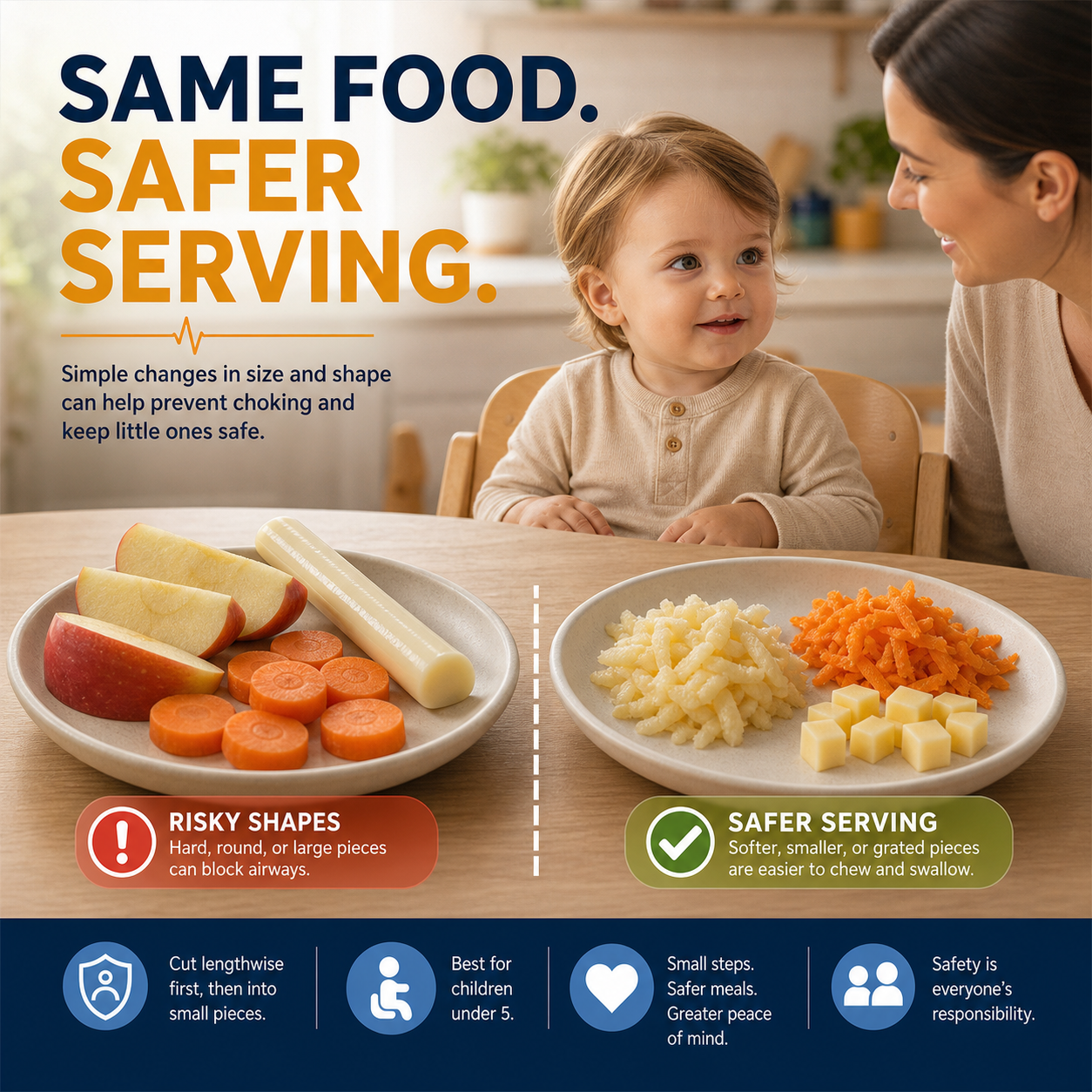 cinematic 3D cover showing toddler snack plates with risky thick apple carrot and cheese pieces compared with safer prepared pieces